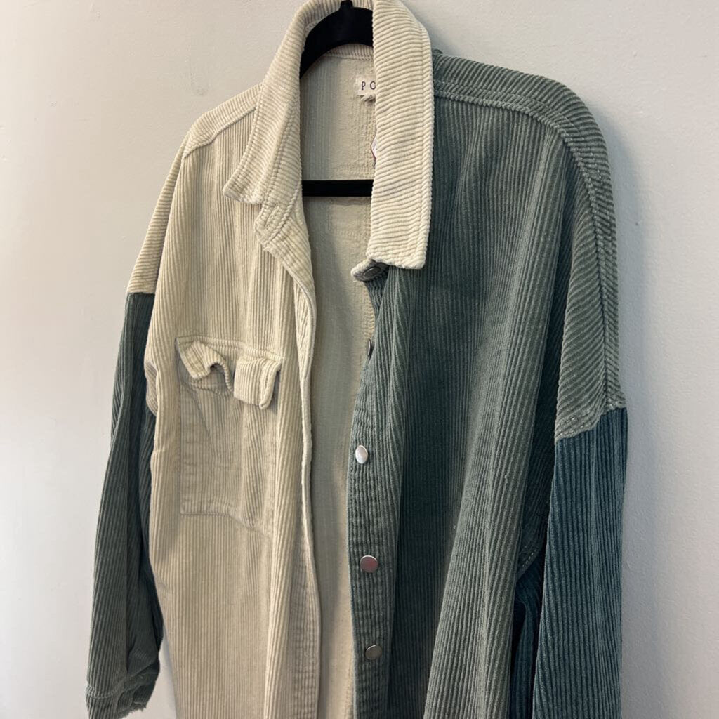 POL Cream/ Green Corduroy Color Block Shacket Top Medium