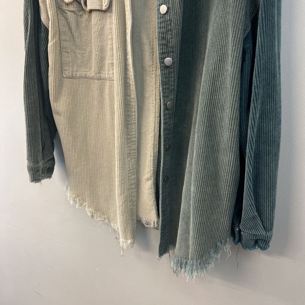 POL Cream/ Green Corduroy Color Block Shacket Top Medium