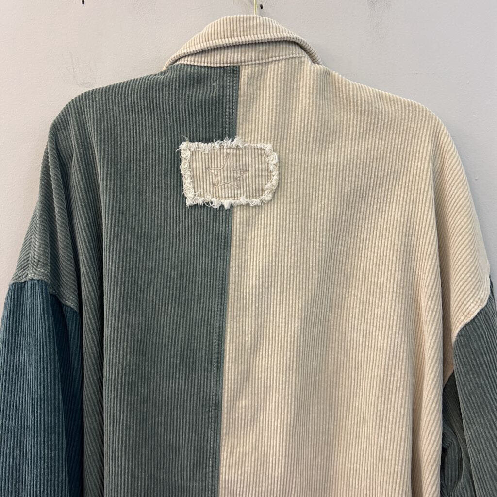 POL Cream/ Green Corduroy Color Block Shacket Top Medium