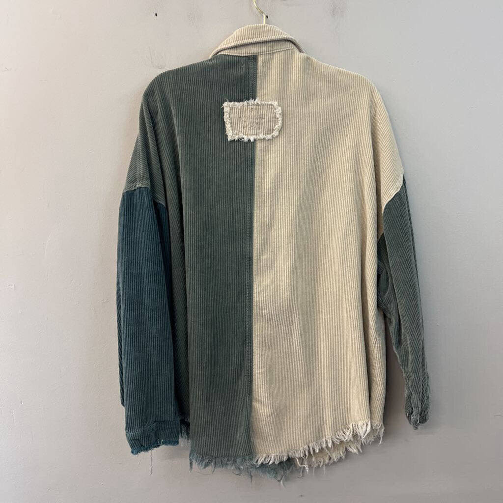 POL Cream/ Green Corduroy Color Block Shacket Top Medium