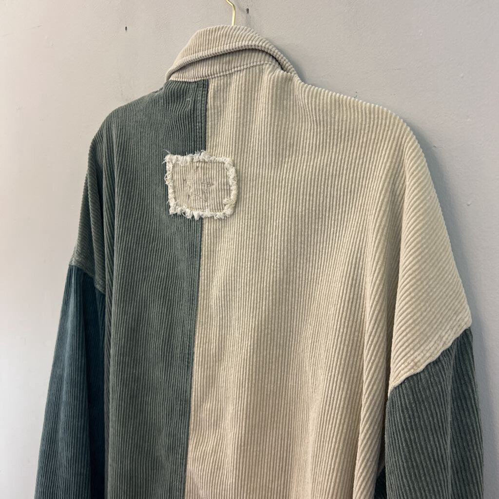 POL Cream/ Green Corduroy Color Block Shacket Top Medium
