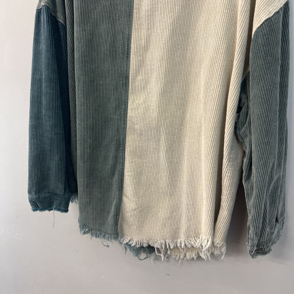 POL Cream/ Green Corduroy Color Block Shacket Top Medium