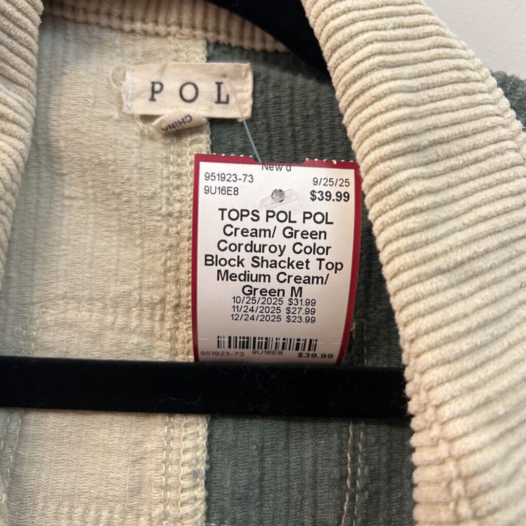 POL Cream/ Green Corduroy Color Block Shacket Top Medium