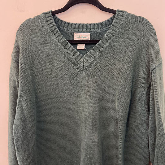 LL Bean Green Knit V Neck Sweater Large