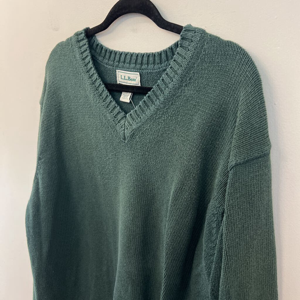 LL Bean Green Knit V Neck Sweater Large