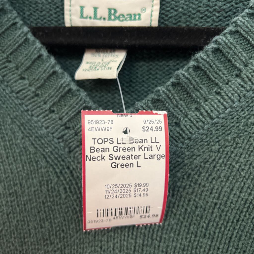 LL Bean Green Knit V Neck Sweater Large