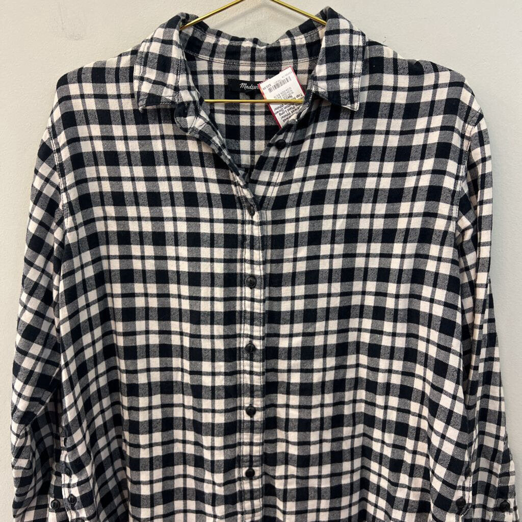 Madewell White/ Navy Plaid Long Sleeve Button Down Top Medium
