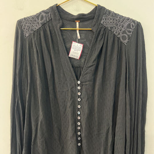 Free People Black Long Sleeve Button Front Top Medium
