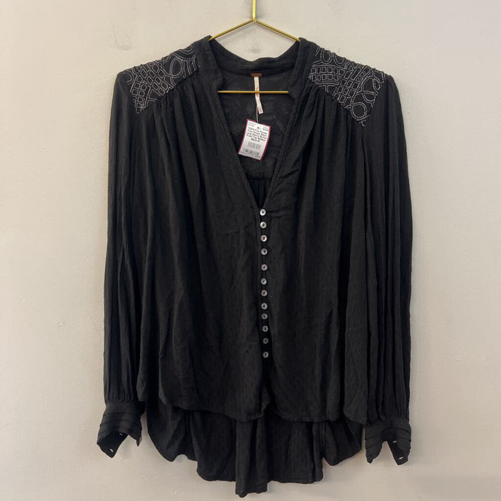 Free People Black Long Sleeve Button Front Top Medium