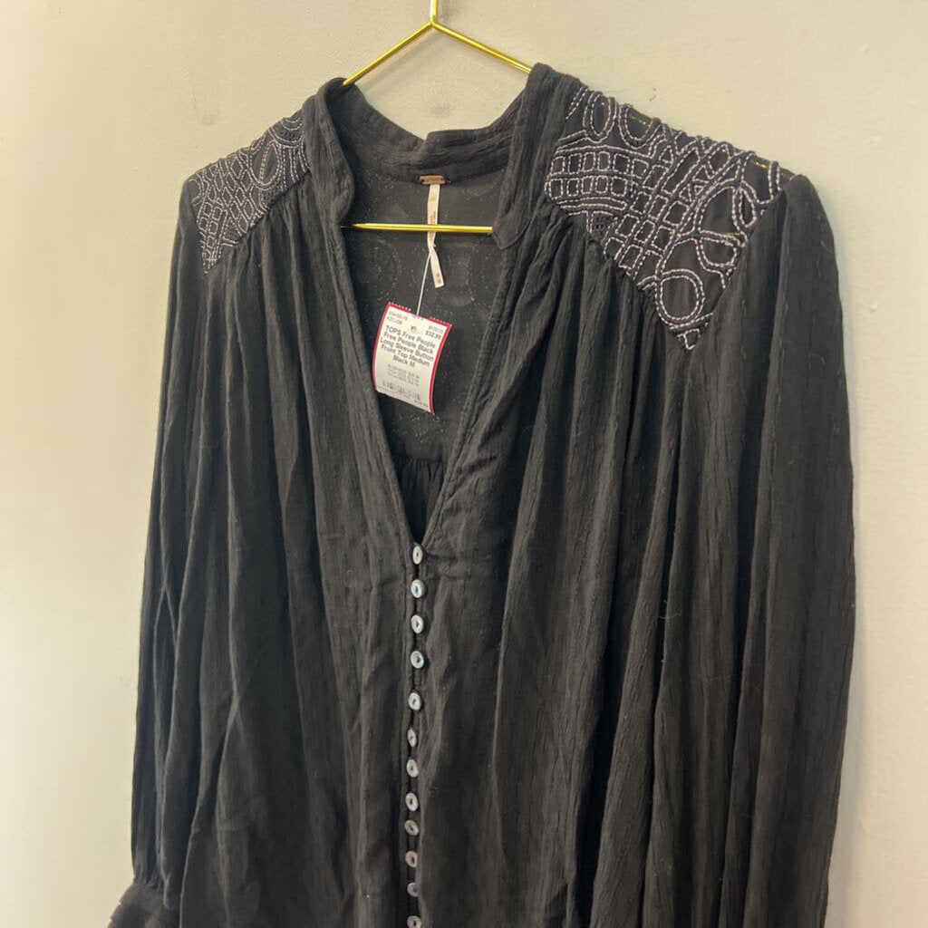 Free People Black Long Sleeve Button Front Top Medium