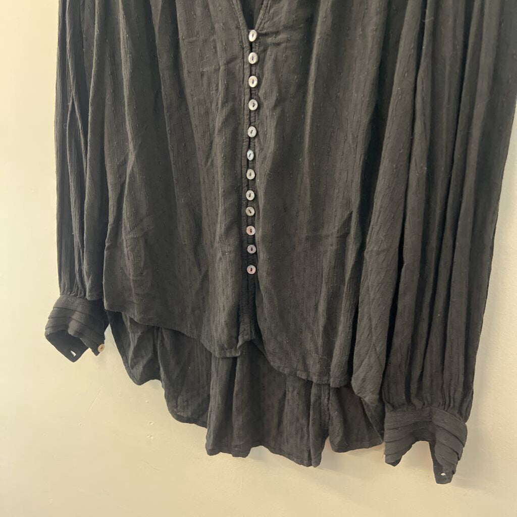 Free People Black Long Sleeve Button Front Top Medium