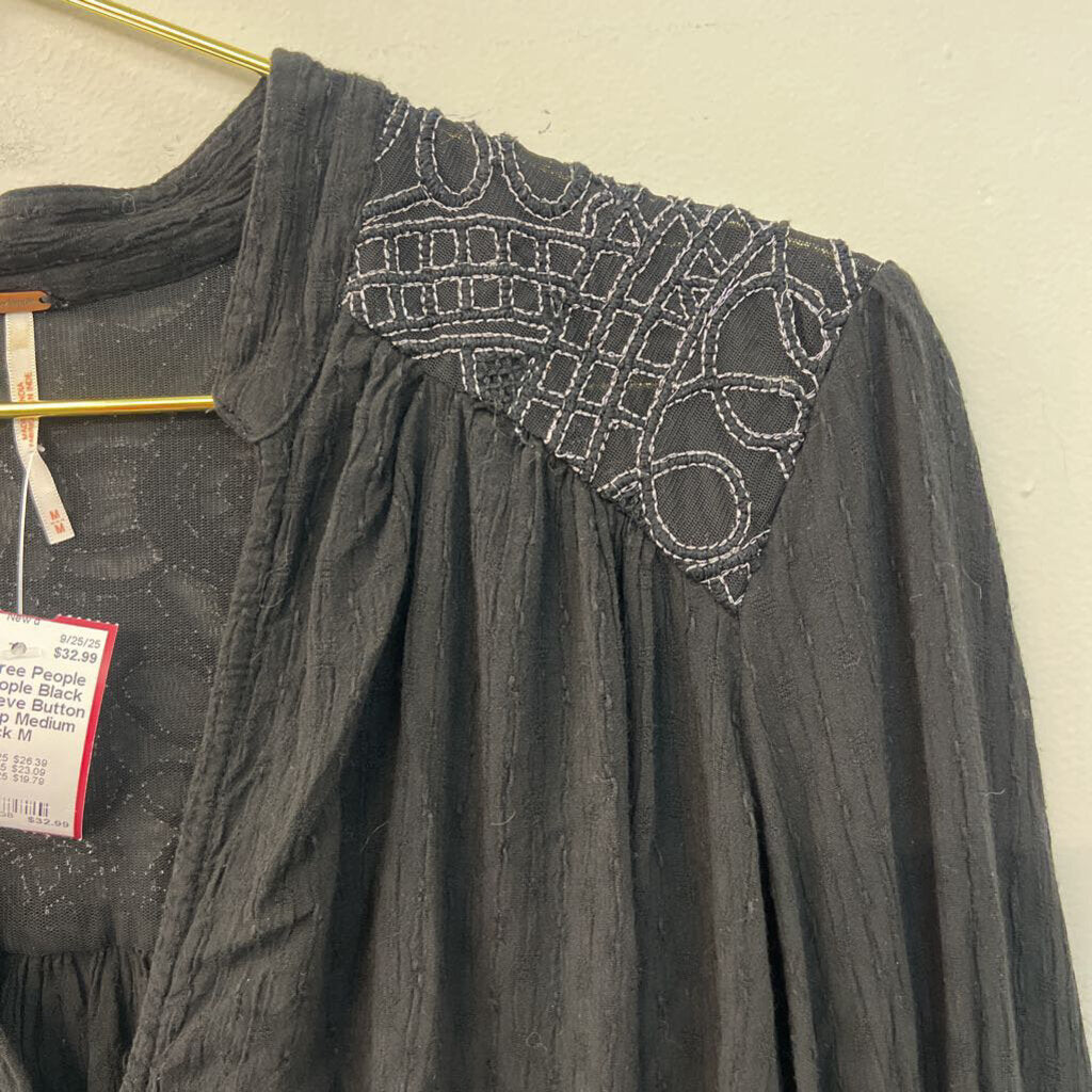 Free People Black Long Sleeve Button Front Top Medium