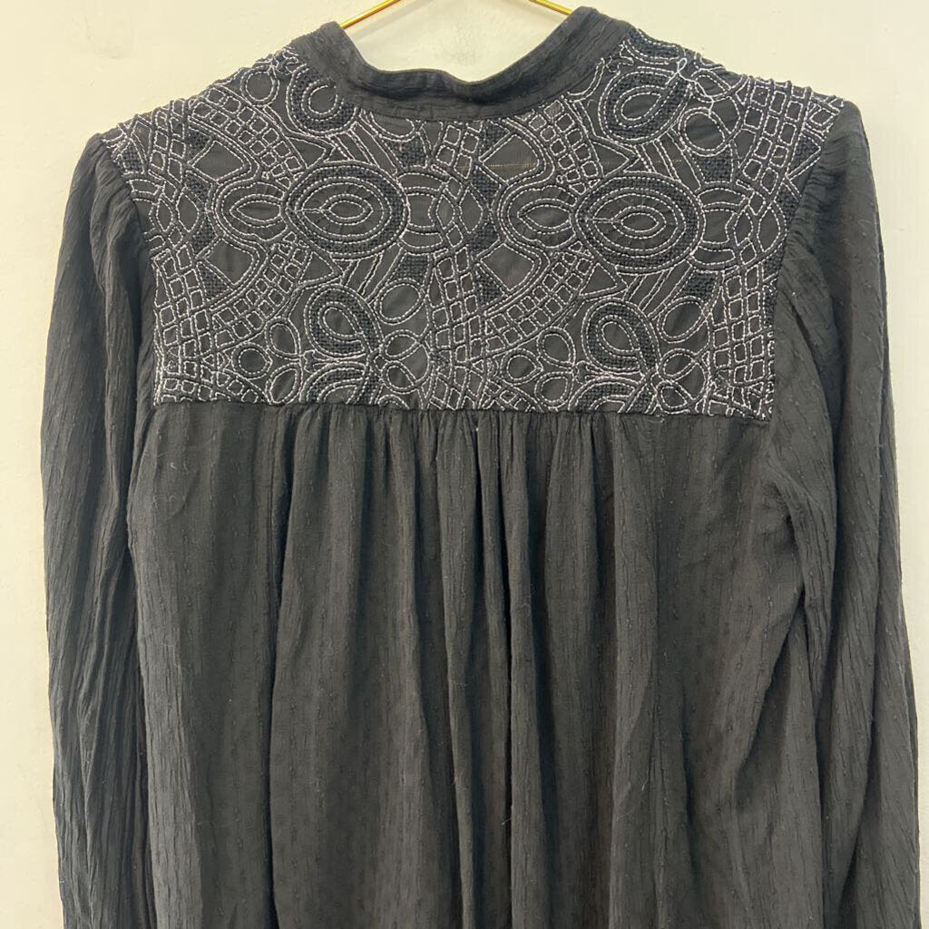 Free People Black Long Sleeve Button Front Top Medium