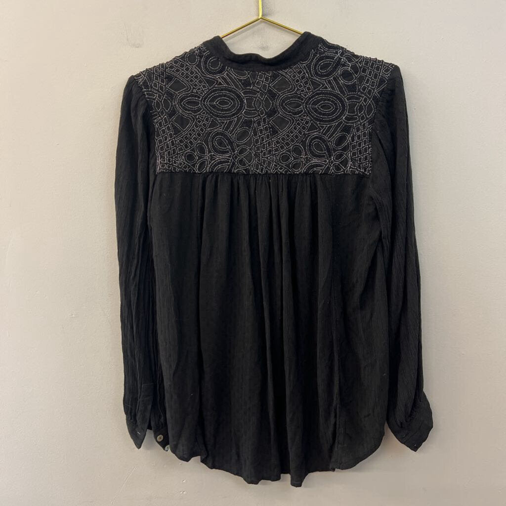 Free People Black Long Sleeve Button Front Top Medium