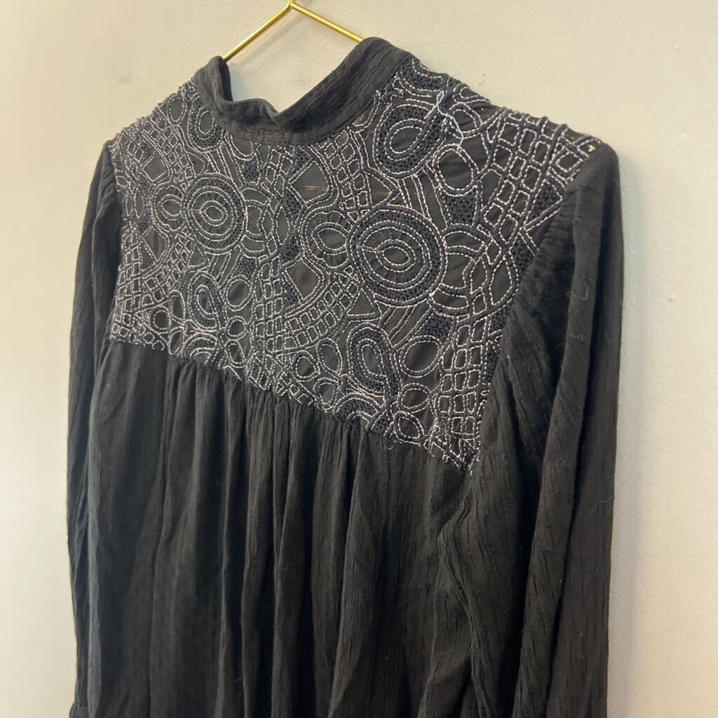 Free People Black Long Sleeve Button Front Top Medium