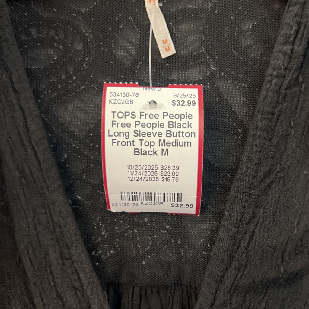Free People Black Long Sleeve Button Front Top Medium