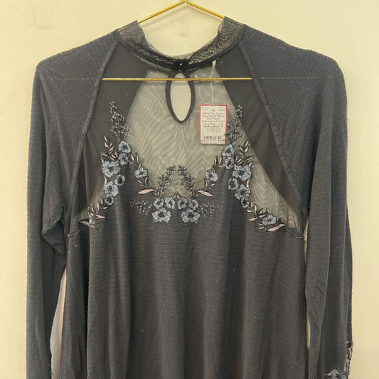 Free People Black Mock Neck Embroidered Detail Long Sleeve Top Medium