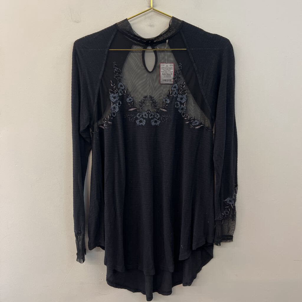 Free People Black Mock Neck Embroidered Detail Long Sleeve Top Medium