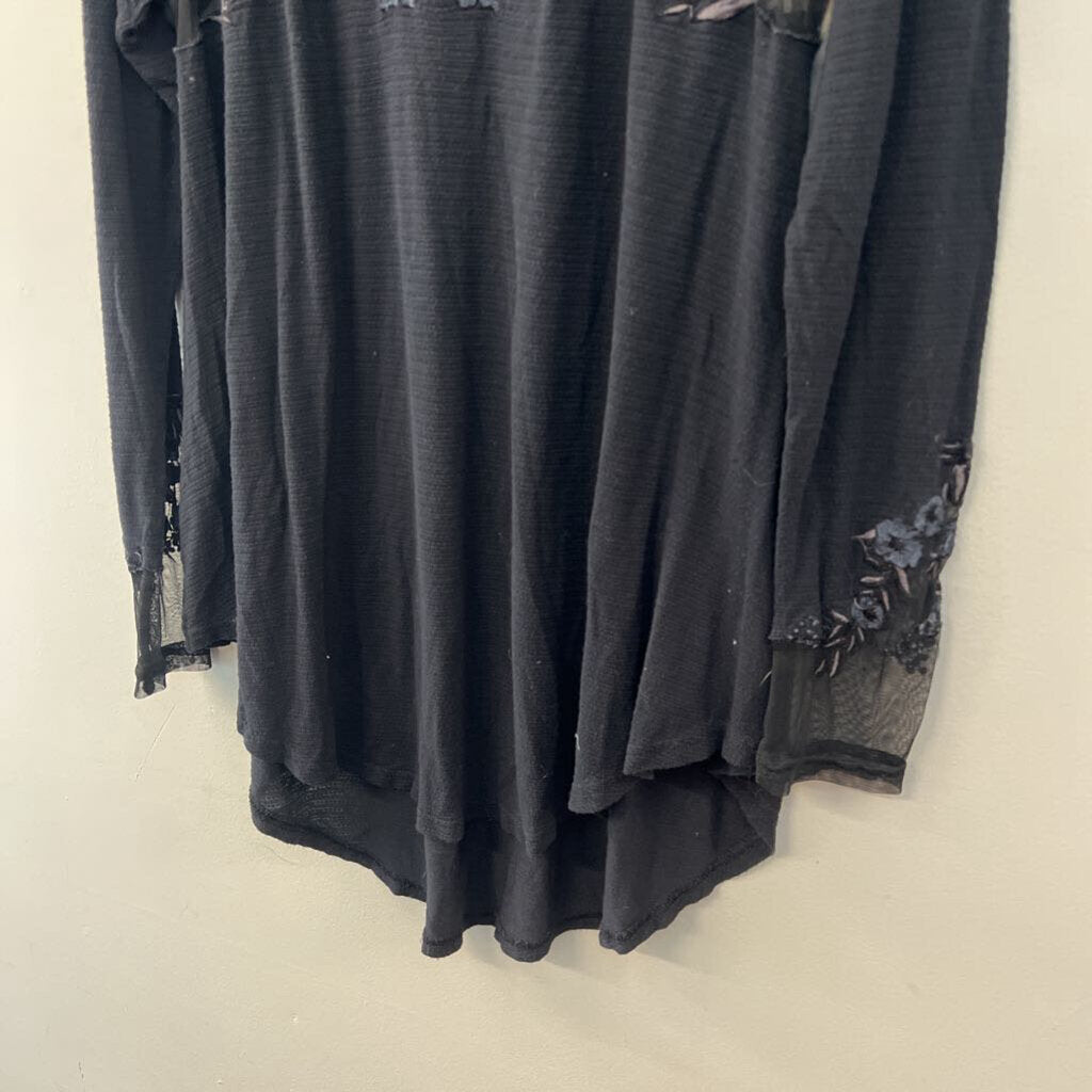 Free People Black Mock Neck Embroidered Detail Long Sleeve Top Medium