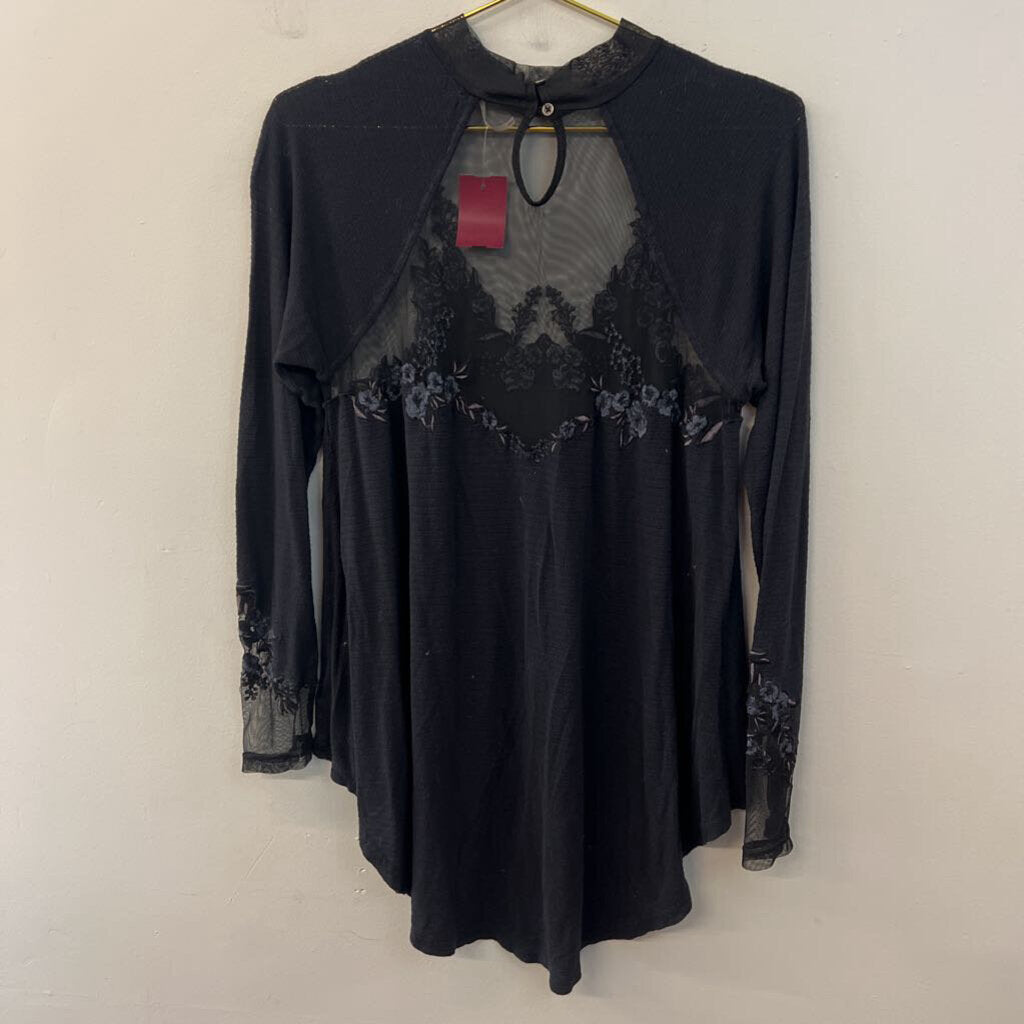 Free People Black Mock Neck Embroidered Detail Long Sleeve Top Medium