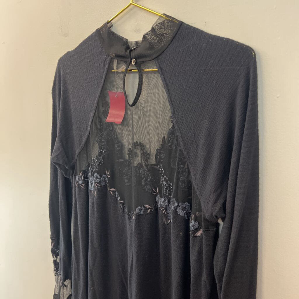 Free People Black Mock Neck Embroidered Detail Long Sleeve Top Medium