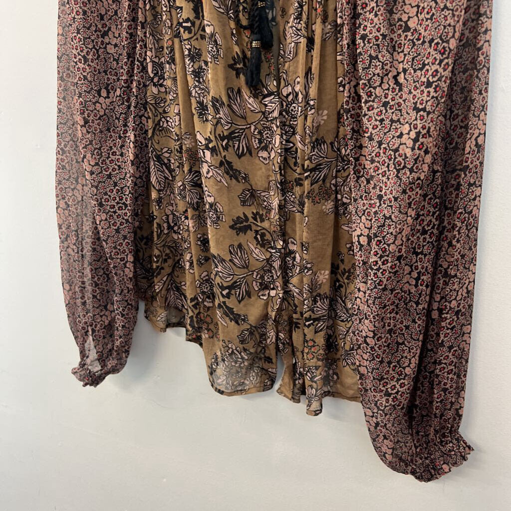 Free People Brown/ Black Print Long Sleeve Top Medium