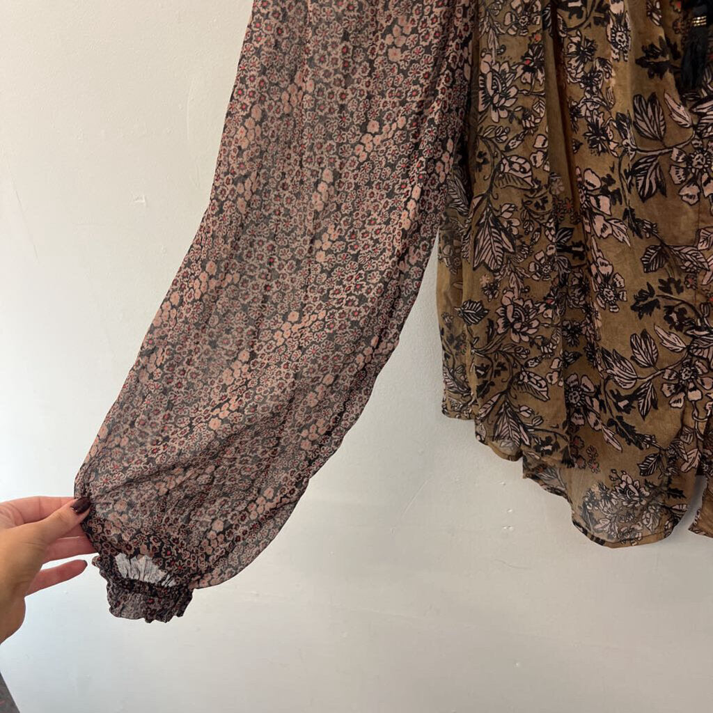 Free People Brown/ Black Print Long Sleeve Top Medium