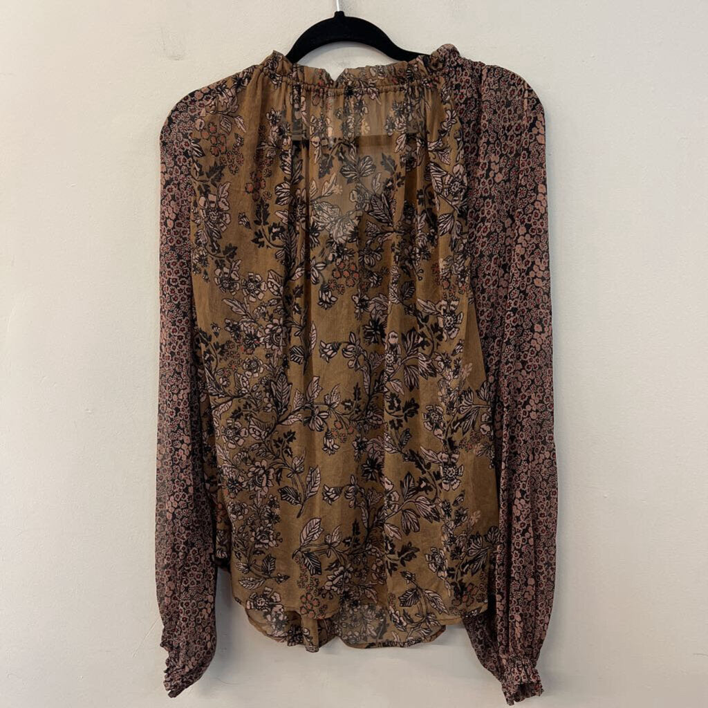Free People Brown/ Black Print Long Sleeve Top Medium