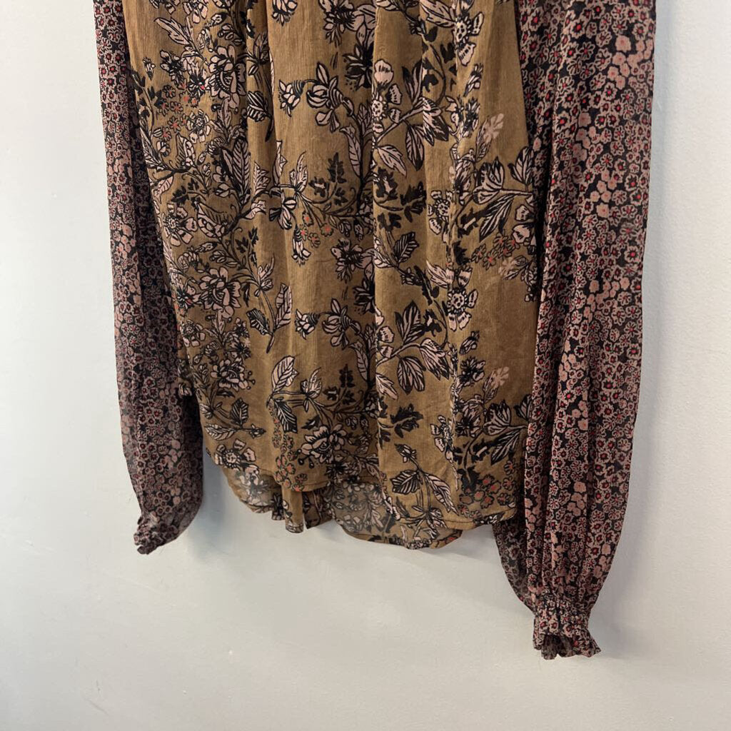 Free People Brown/ Black Print Long Sleeve Top Medium
