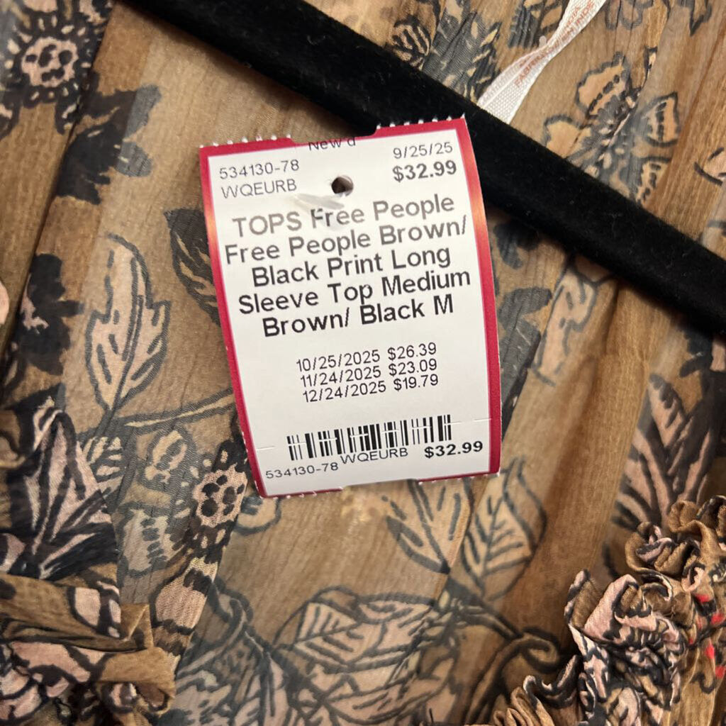Free People Brown/ Black Print Long Sleeve Top Medium
