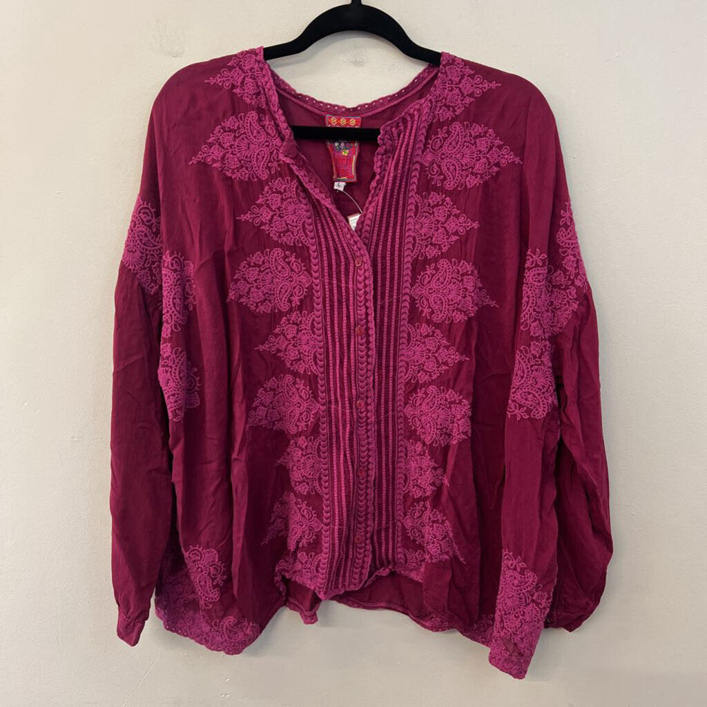 Johnny Was Magenta Long Sleeve Embroidered Top Large