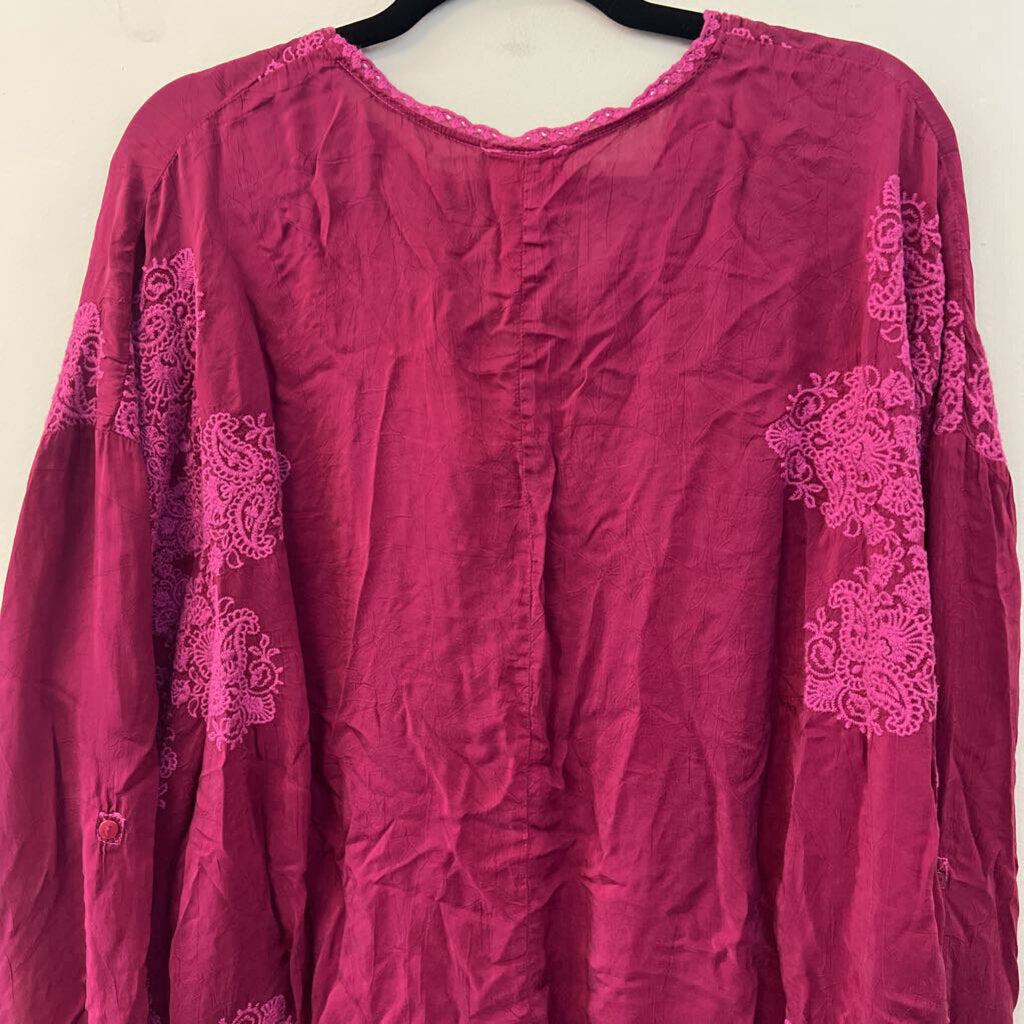 Johnny Was Magenta Long Sleeve Embroidered Top Large