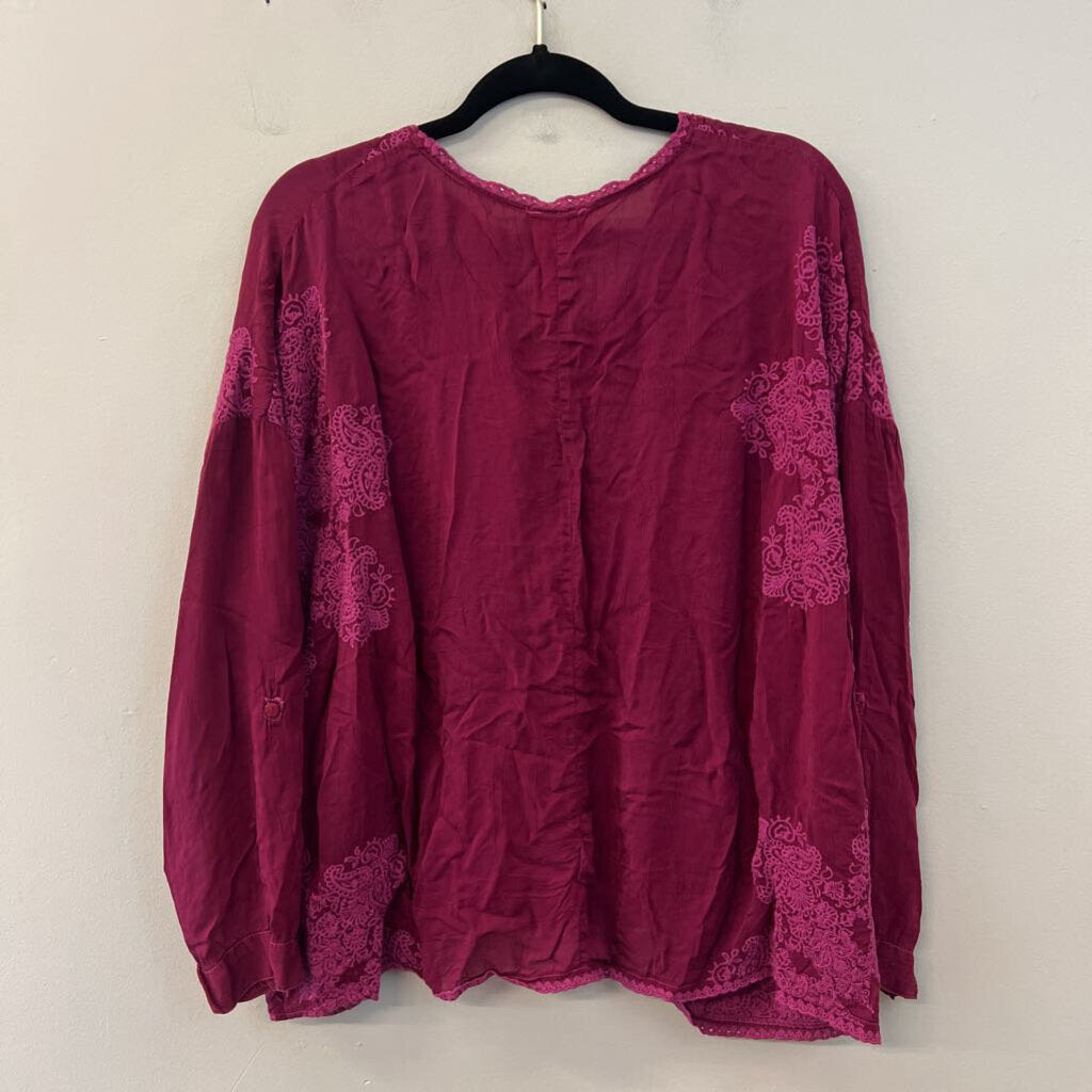 Johnny Was Magenta Long Sleeve Embroidered Top Large