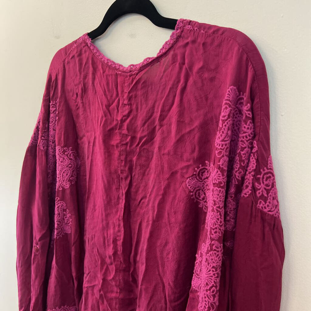 Johnny Was Magenta Long Sleeve Embroidered Top Large