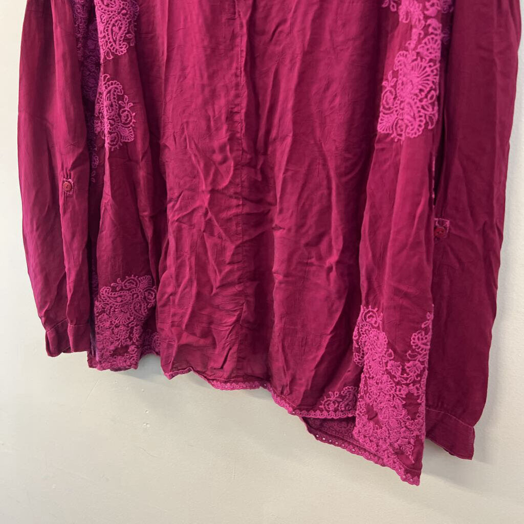 Johnny Was Magenta Long Sleeve Embroidered Top Large