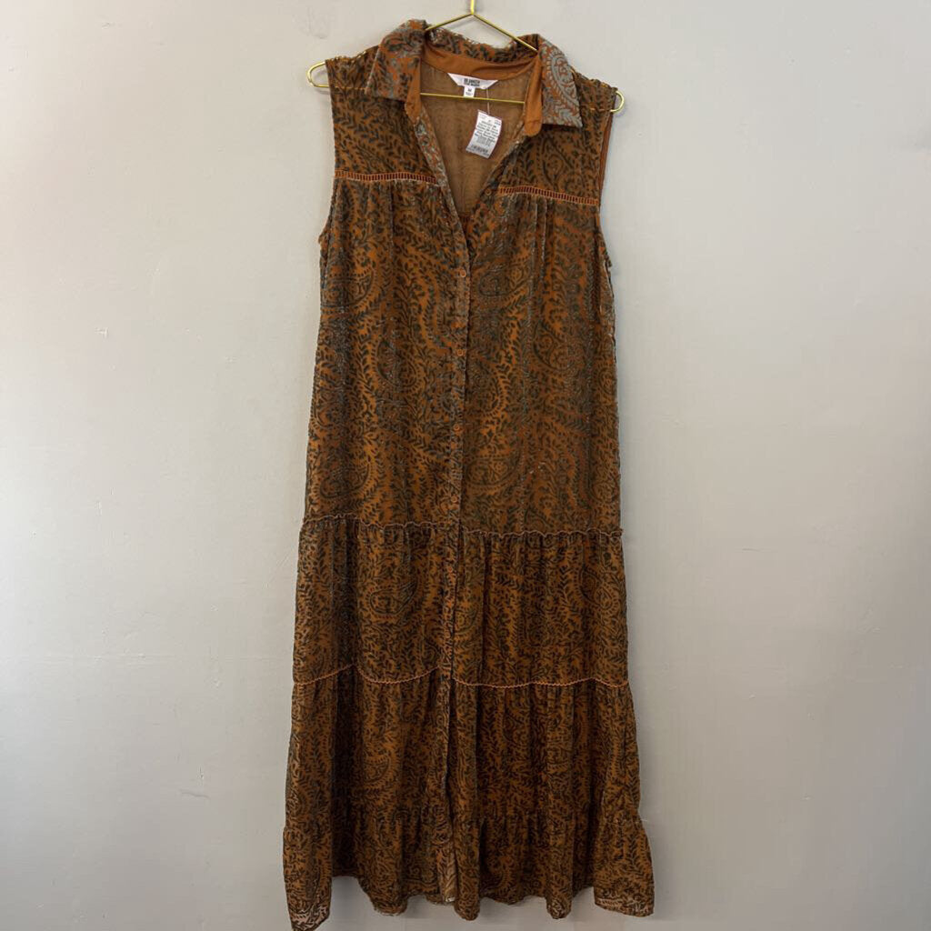 BB Dakota Brown/ Green Velvet Print Sleeveless Maxi Dress Medium