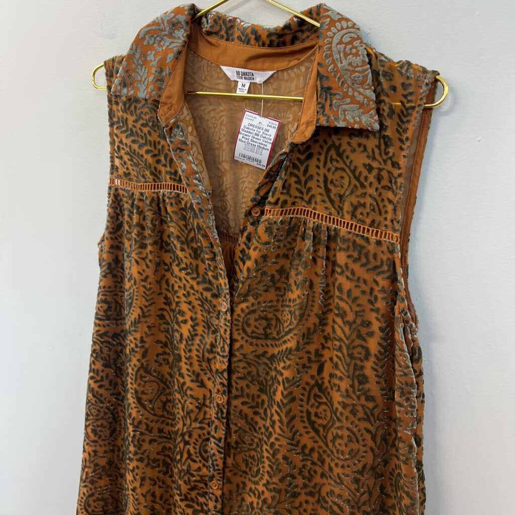 BB Dakota Brown/ Green Velvet Print Sleeveless Maxi Dress Medium