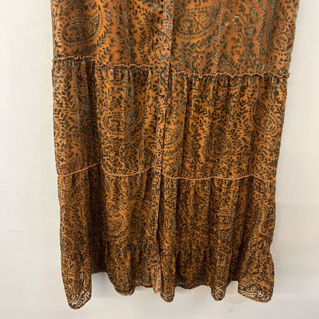 BB Dakota Brown/ Green Velvet Print Sleeveless Maxi Dress Medium
