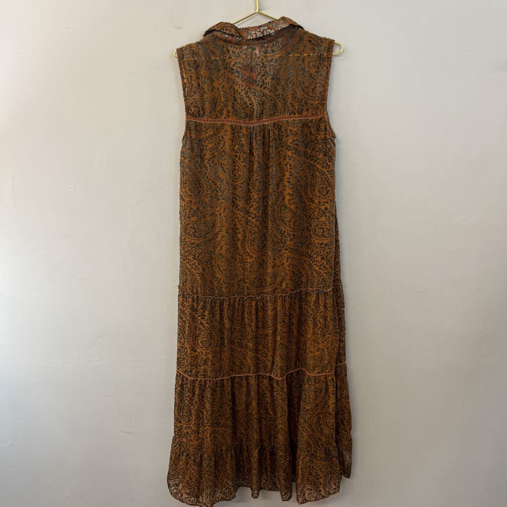 BB Dakota Brown/ Green Velvet Print Sleeveless Maxi Dress Medium