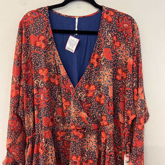 Free People Orange/ Navy Print Long Sleeve Dress Medium