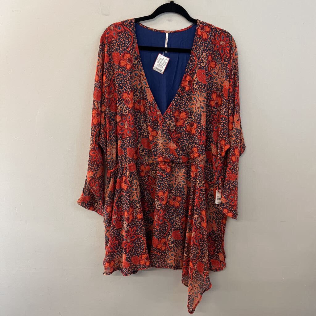 Free People Orange/ Navy Print Long Sleeve Dress Medium
