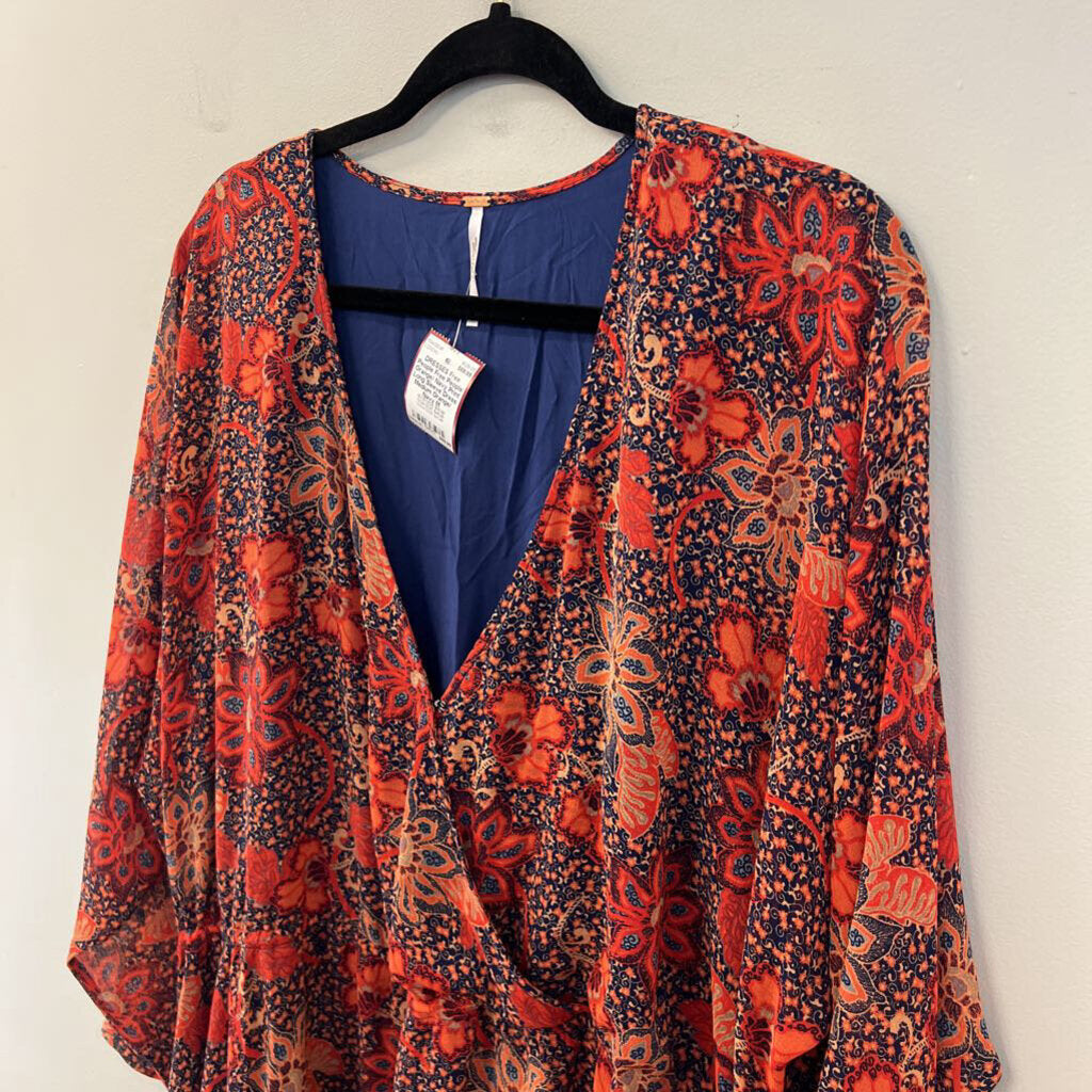 Free People Orange/ Navy Print Long Sleeve Dress Medium