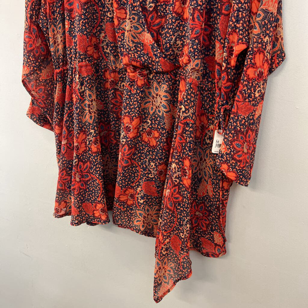 Free People Orange/ Navy Print Long Sleeve Dress Medium