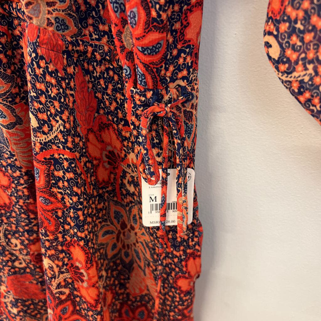 Free People Orange/ Navy Print Long Sleeve Dress Medium