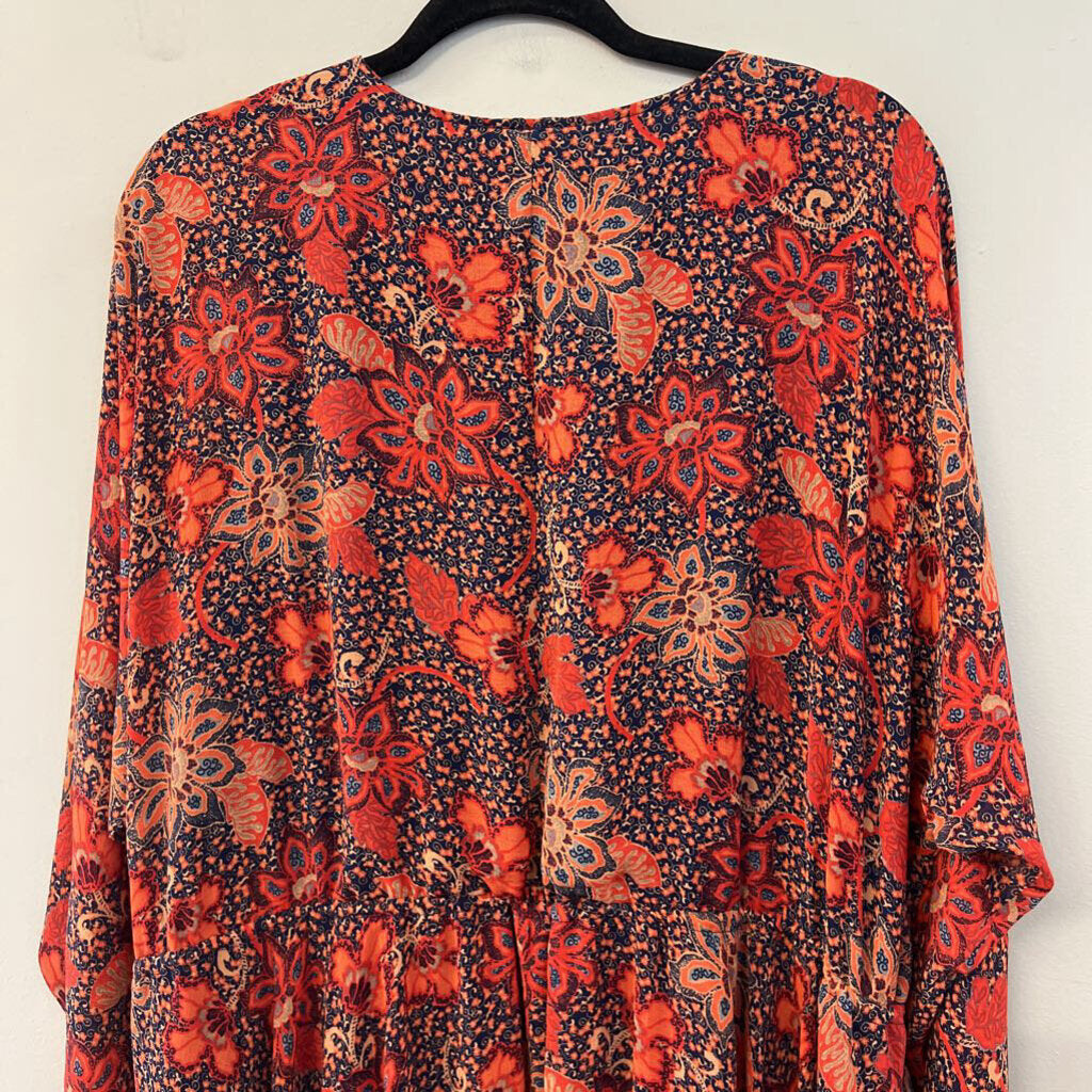 Free People Orange/ Navy Print Long Sleeve Dress Medium