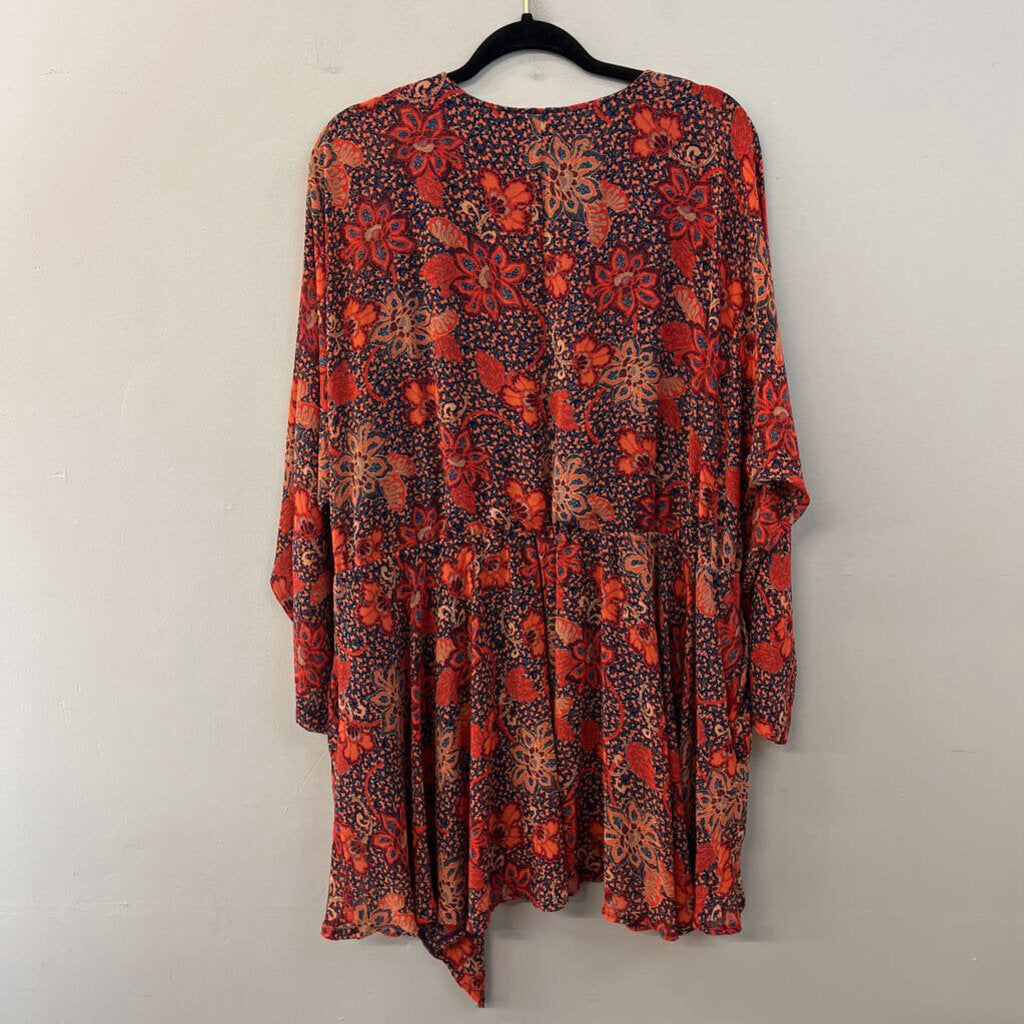 Free People Orange/ Navy Print Long Sleeve Dress Medium