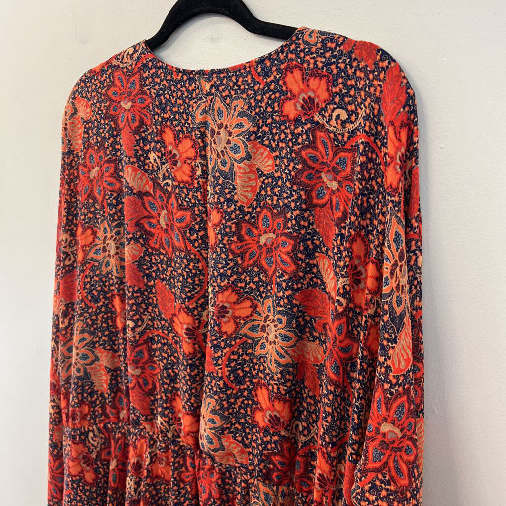Free People Orange/ Navy Print Long Sleeve Dress Medium