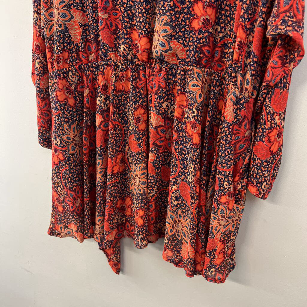 Free People Orange/ Navy Print Long Sleeve Dress Medium