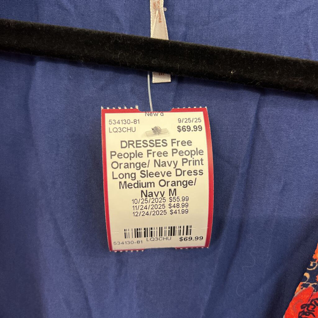 Free People Orange/ Navy Print Long Sleeve Dress Medium
