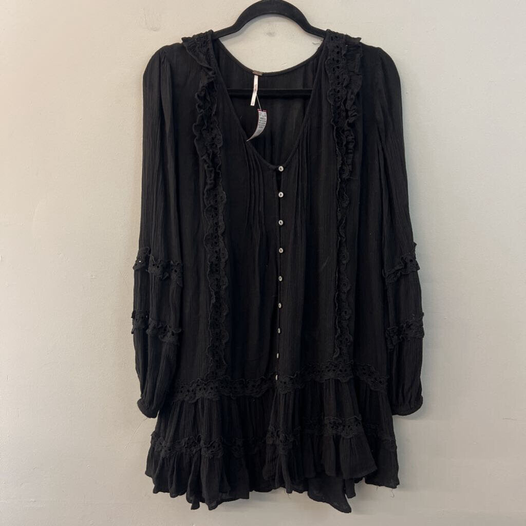 Free People Black Long Sleeve Button Front Dress Small